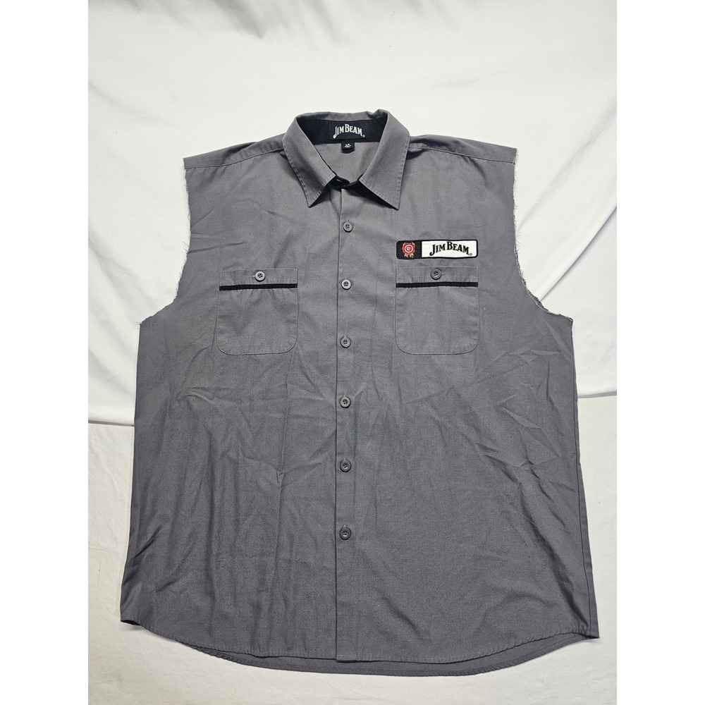 Jim Beam Mens Gray Sleeveless Embroidered Logo Button Up Work Shirt Size Large